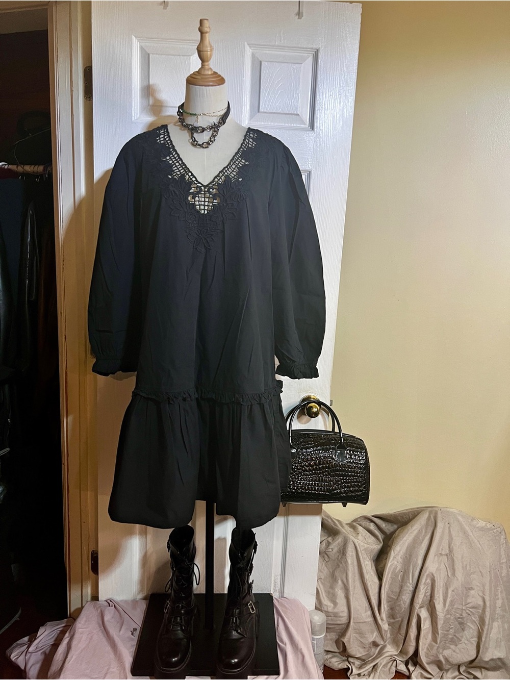 J Crew Wms Black Cotton Twill Embroidered Ruffle Pleated Boho Mini Dress XL